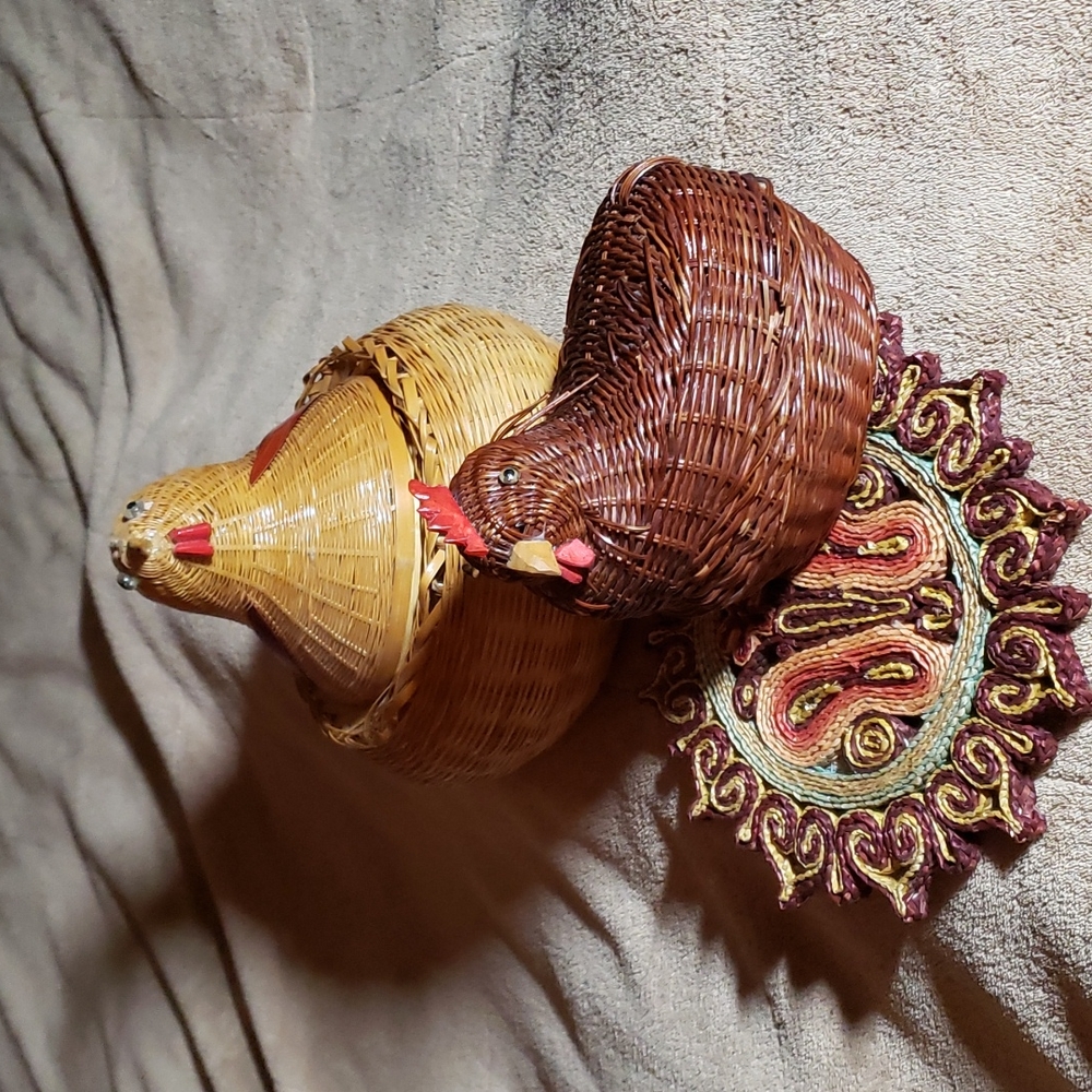 Two Sitting hen baskets and one paper trivet butterfly.